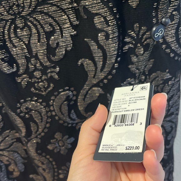ADRIANNA PAPELL Women's Foiled Velvet Burnout Black Bronze Dress - Picture 5 of 5